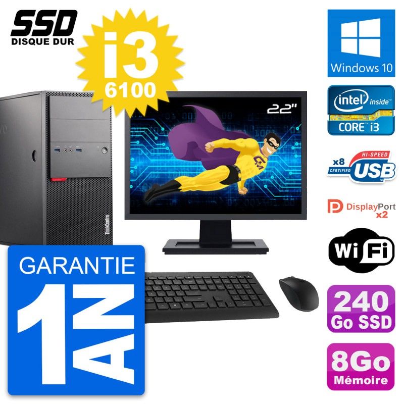 Lenovo M900 Desktop Computer, 22" Screen, Intel i3-6100, 8GB RAM, 240GB SSD, Windows 10, Wifi