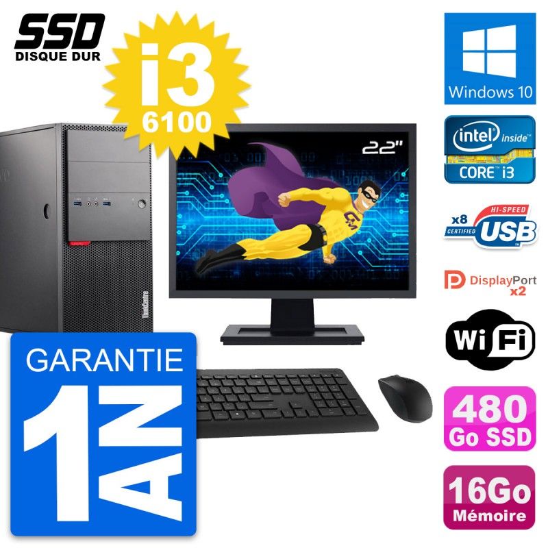 Lenovo M900 Desktop Computer, 22" Screen, Intel i3-6100, 16GB RAM, 480GB SSD, Windows 10, WiFi