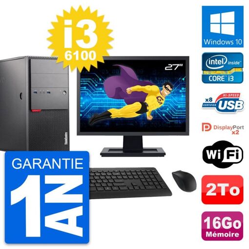 PC de escritorio Lenovo M900 - Pantalla de 27', Intel i3-6100, 16GB de RAM, 2TB de almacenamiento, Windows 10