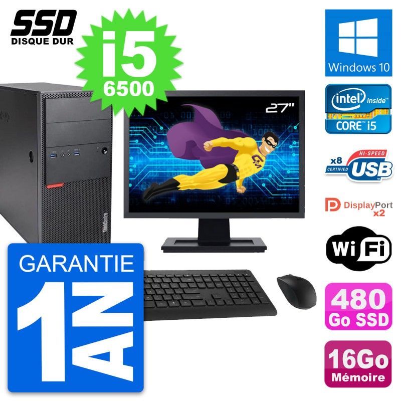 Lenovo M900 Desktop Computer, 27" Display, Intel i5-6500, 16GB RAM, 480GB SSD, Windows 10, WiFi