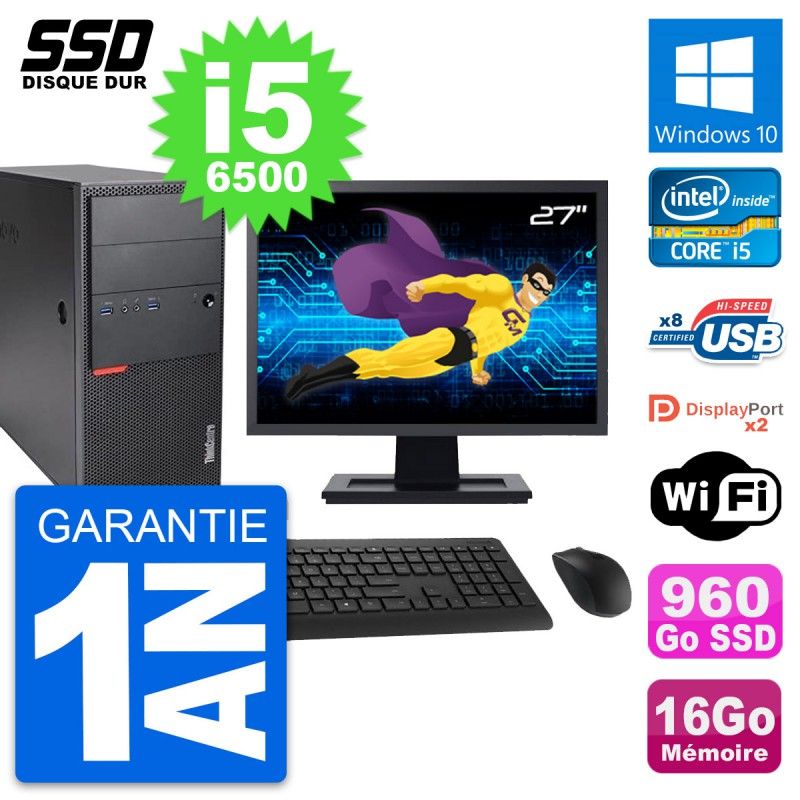 Lenovo M900 Desktop Computer, 27" Screen, Intel i5-6500, 16GB RAM, 960GB SSD, Windows 10, WiFi