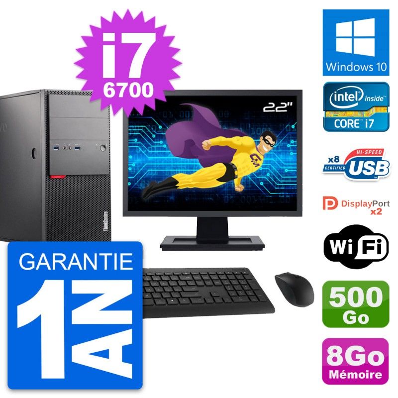 Lenovo M900 Tower PC - 22" Screen, Intel i7-6700, 8GB RAM, 500GB HDD, Windows 10, WiFi