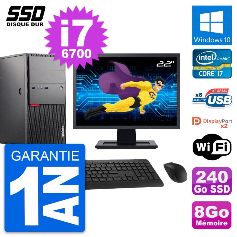 Lenovo M900 Desktop Computer, 22" Screen, Intel i7-6700, 8GB RAM, 240GB SSD, Windows 10, WiFi