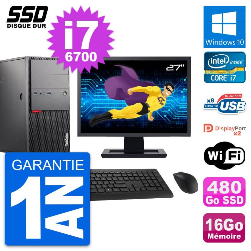 Lenovo M900 Desktop Computer, 27" Screen, Intel i7-6700, 16GB RAM, 480GB SSD, Windows 10, WiFi
