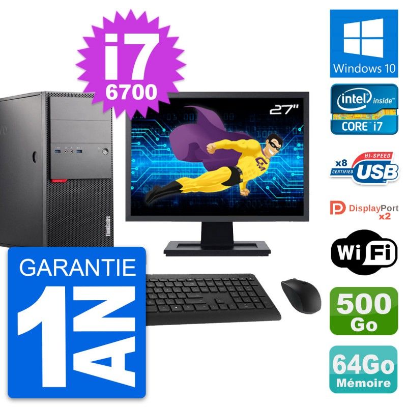 Lenovo M900 Tower PC - 27" Display, Core i7-6700, 64GB RAM, 500GB Storage, Windows 10, WiFi