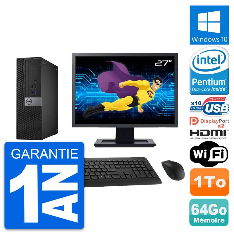 Ordinateur de bureau Dell OptiPlex 7040 SFF - Écran 27", Processeur Intel G4400, 64 Go de RAM, 1 To HDD, HDMI