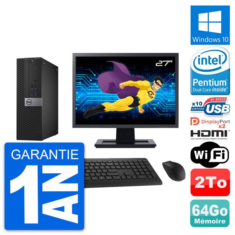 Ordinateur Dell OptiPlex 7040 SFF - Écran 27'', Processeur Intel G4400, 64 Go de RAM, Disque dur 2 To, HDMI