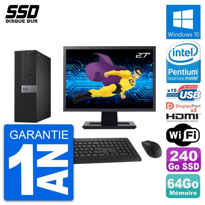 Ordinateur Dell OptiPlex 7040 SFF - Écran 27'', Processeur Intel G4400, 64 Go de RAM, SSD 240 Go