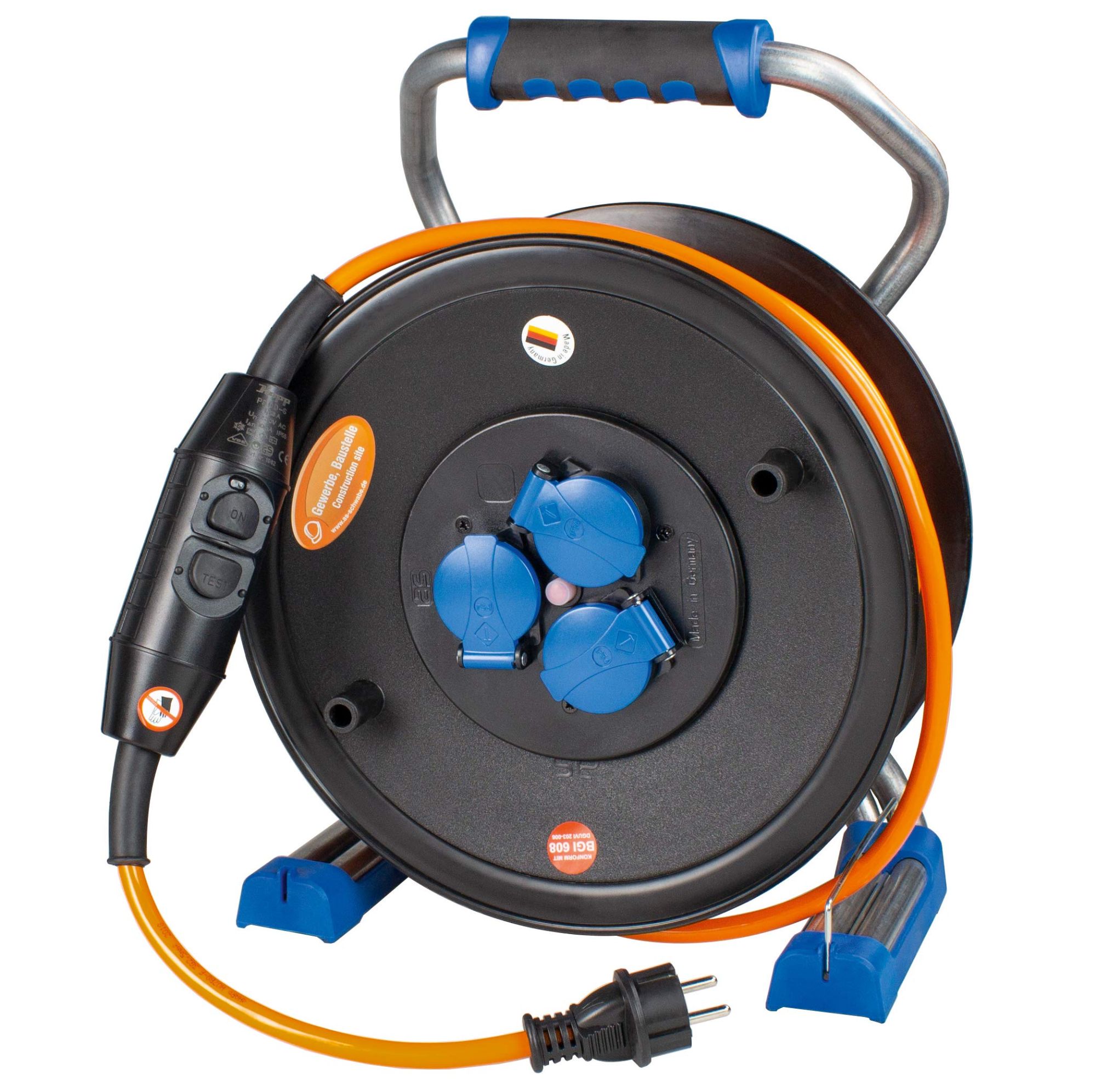 as - Schwabe Power Supply, Expert Adapter PRCDS with 40m Orange Cable, 3-Outlet Earth Connection, IP44, Made in Germany