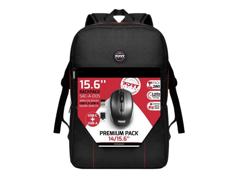 PORT Designs Premium Laptop Backpack - 14-15.6" with Wireless Optical Mouse
