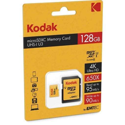 Kodak Flash Memory Card - 128GB (MicroSDXC to SD Adapter Included) A1 / V30 Video Class / UHS-I U3