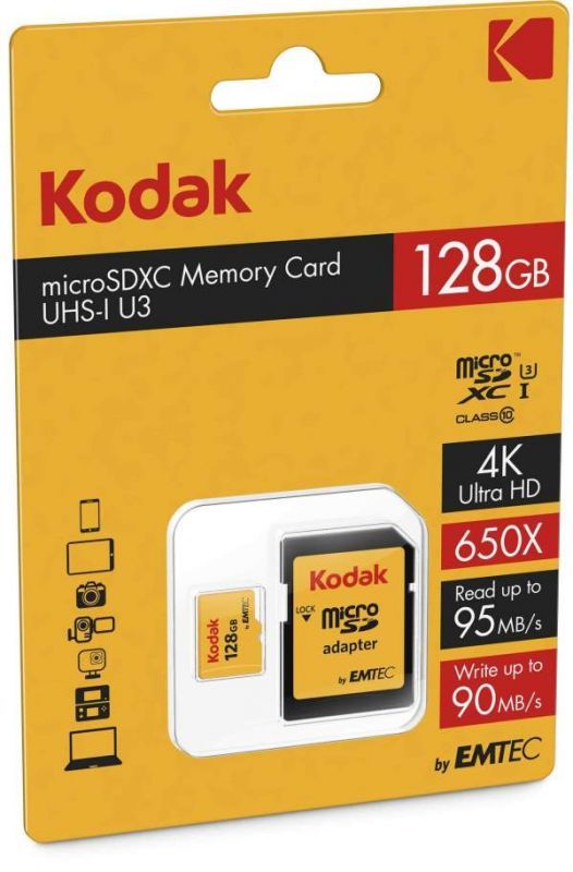 Kodak Flash Memory Card - 128GB (MicroSDXC to SD Adapter Included) A1 / V30 Video Class / UHS-I U3