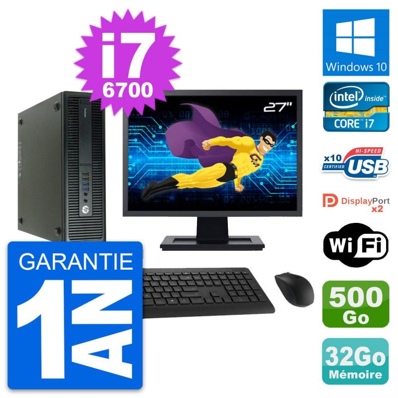 HP ProDesk 600 G2 SFF Desktop Computer, 27" Screen, Intel i7-6700, 32GB RAM, 500GB Storage