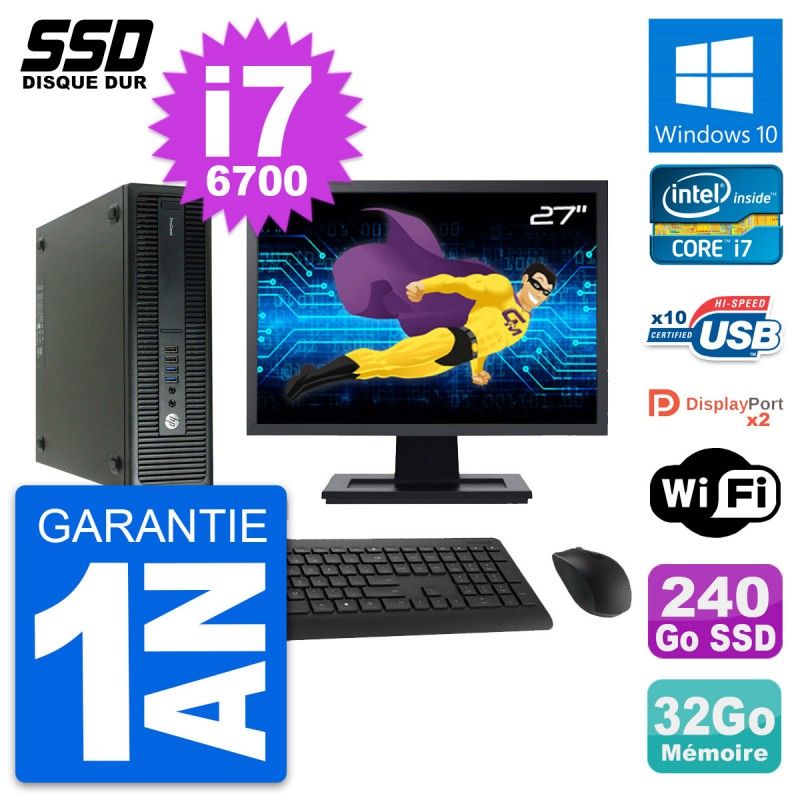 HP ProDesk 600 G2 SFF Desktop Computer, 27" Screen, Intel Core i7-6700, 32GB RAM, 240GB SSD, Windows 10, WiFi