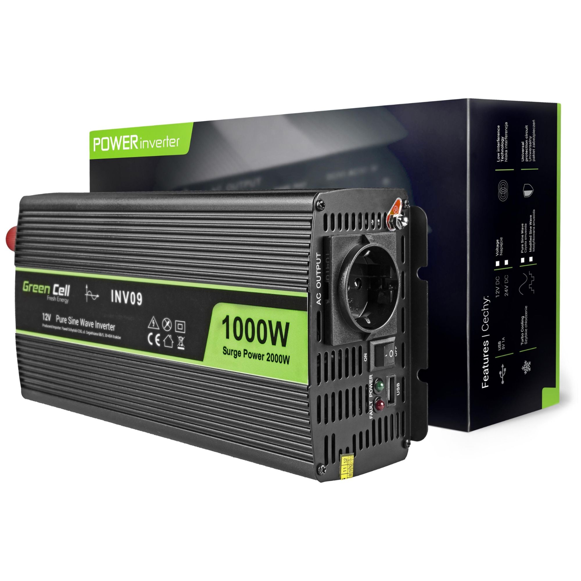 Green Cell 1000W Auto Power Adapter & Inverter, Black