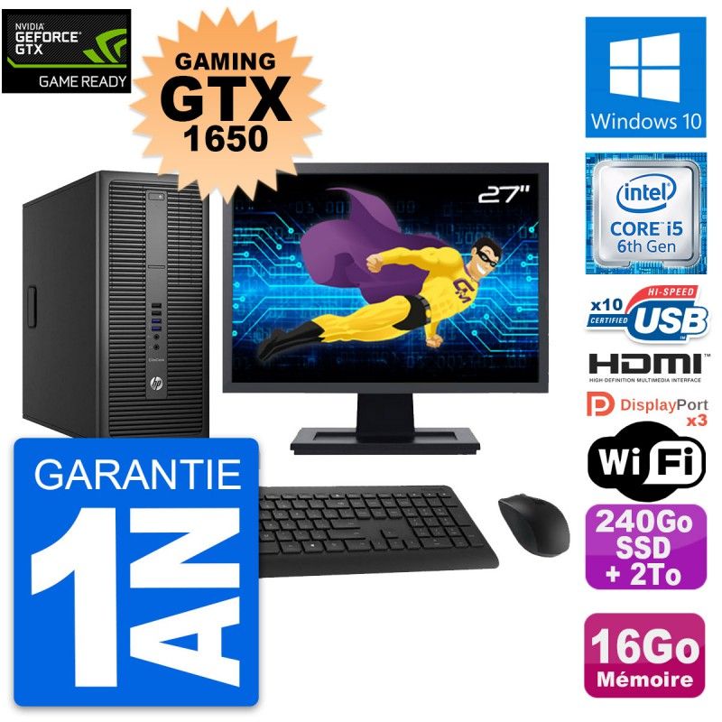 HP EliteDesk 800 G2 Gaming PC - 27" Full HD, GTX 1650, i5-6500, 16GB RAM, 240GB SSD + 2TB HDD