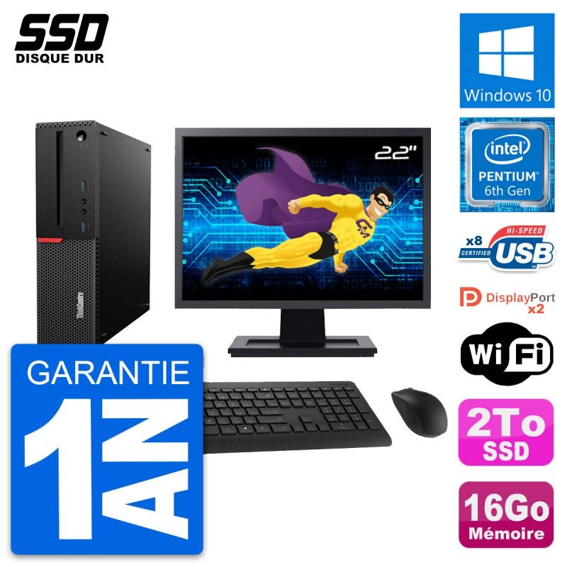 Lenovo M800 SFF Desktop Computer, 22" Screen, Intel G4400, 16GB RAM, 2TB SSD, Windows 10, WiFi