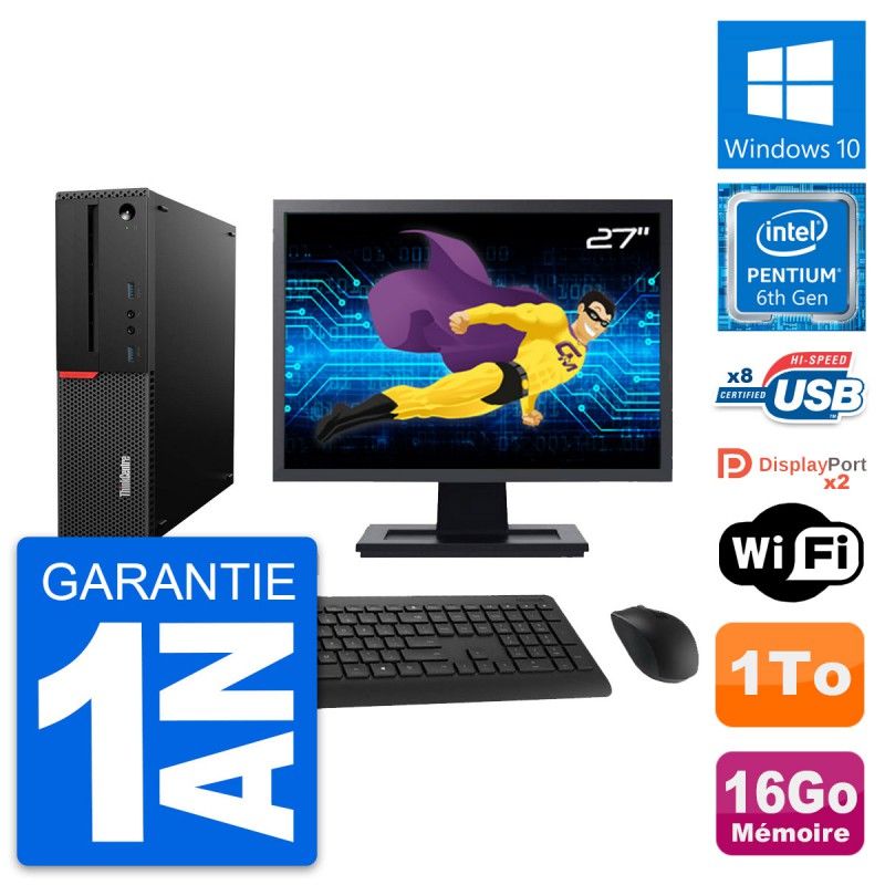 Lenovo M800 SFF Desktop Computer - 27" Screen, Intel G4400, 16GB RAM, 1TB HDD, Windows 10, WiFi