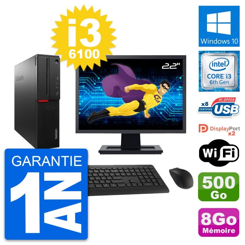 Lenovo M800 SFF Desktop Computer - 22" Screen, Intel i3-6100, 8GB RAM, 500GB HDD, Windows 10, WiFi