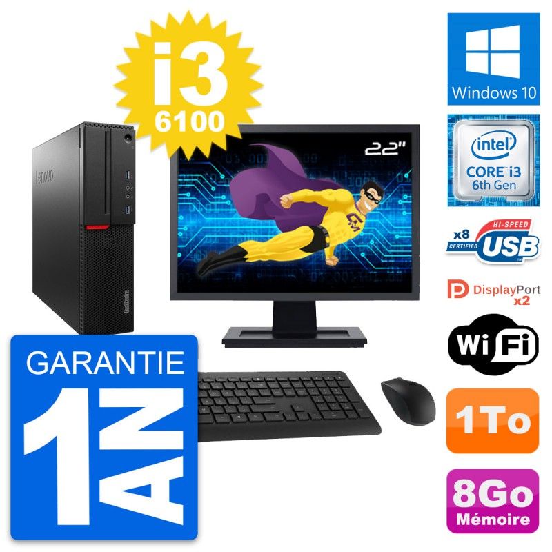 Lenovo M800 SFF Desktop Computer | 22" Screen | Intel i3-6100 | 8GB RAM | 1TB HDD | Windows 10