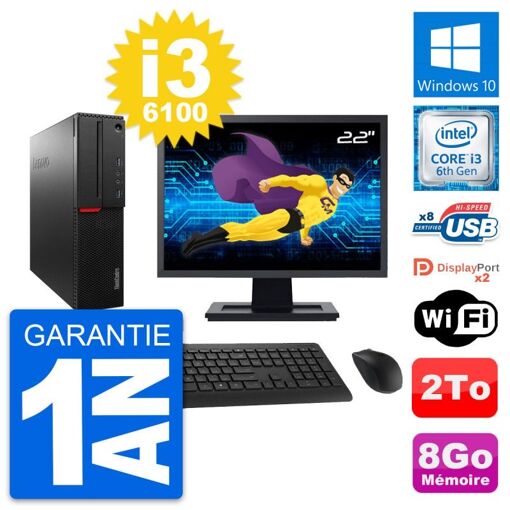 PC de escritorio Lenovo M800 SFF - Pantalla de 22', Intel i3-6100, 8GB de RAM, 2TB HDD, Windows 10, WiFi