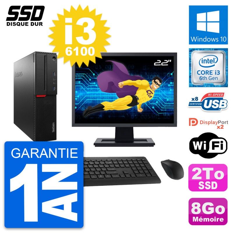 Lenovo M800 SFF Desktop Computer, 22" Screen, Intel Core i3-6100, 8GB RAM, 2TB SSD, Windows 10, WiFi