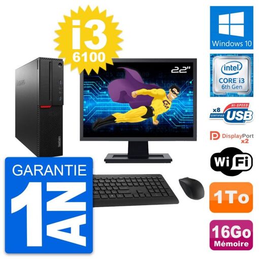 Computadora Lenovo M800 SFF - Pantalla de 22', Intel i3-6100, 16GB de RAM, Disco duro de 1TB, Windows 10, Wifi