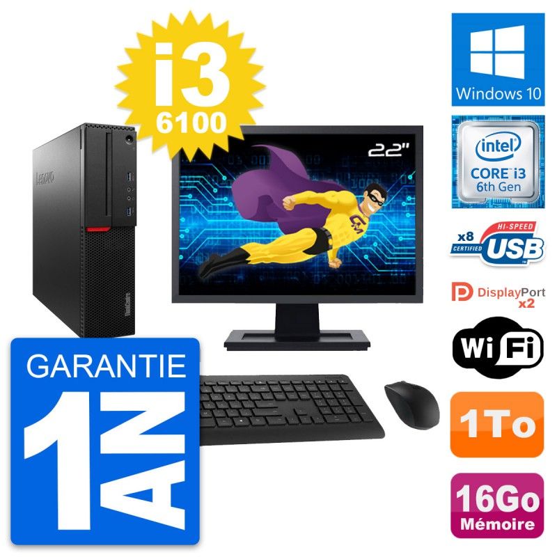Lenovo M800 SFF Computer - 22" Screen, Intel i3-6100, 16GB RAM, 1TB Hard Drive, Windows 10, Wifi