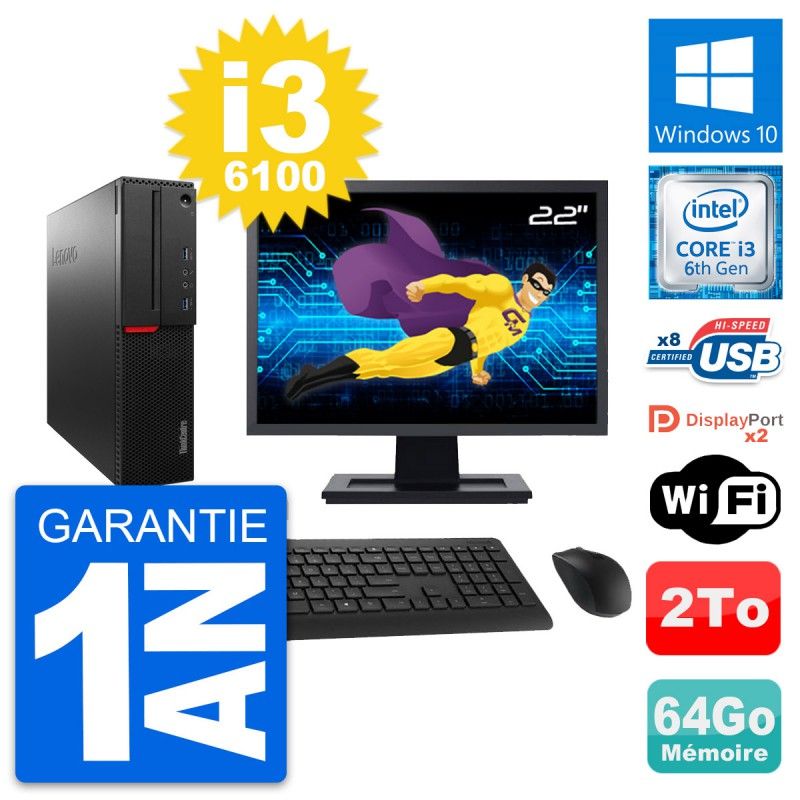Lenovo M800 SFF Desktop Computer - 22" Screen, Intel i3-6100, 64GB RAM, 2TB HDD, Windows 10