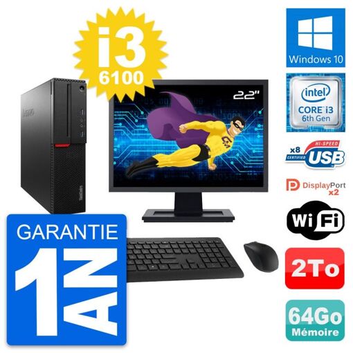 Ordenador de sobremesa Lenovo M800 SFF - Pantalla de 22', Intel i3-6100, 64GB de RAM, 2TB HDD, Windows 10