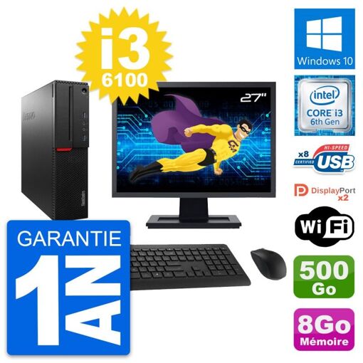 Computadora de escritorio Lenovo M800 SFF - Pantalla de 27", Intel i3-6100, 8 GB de RAM, 500 GB HDD, Windows 10, WiFi