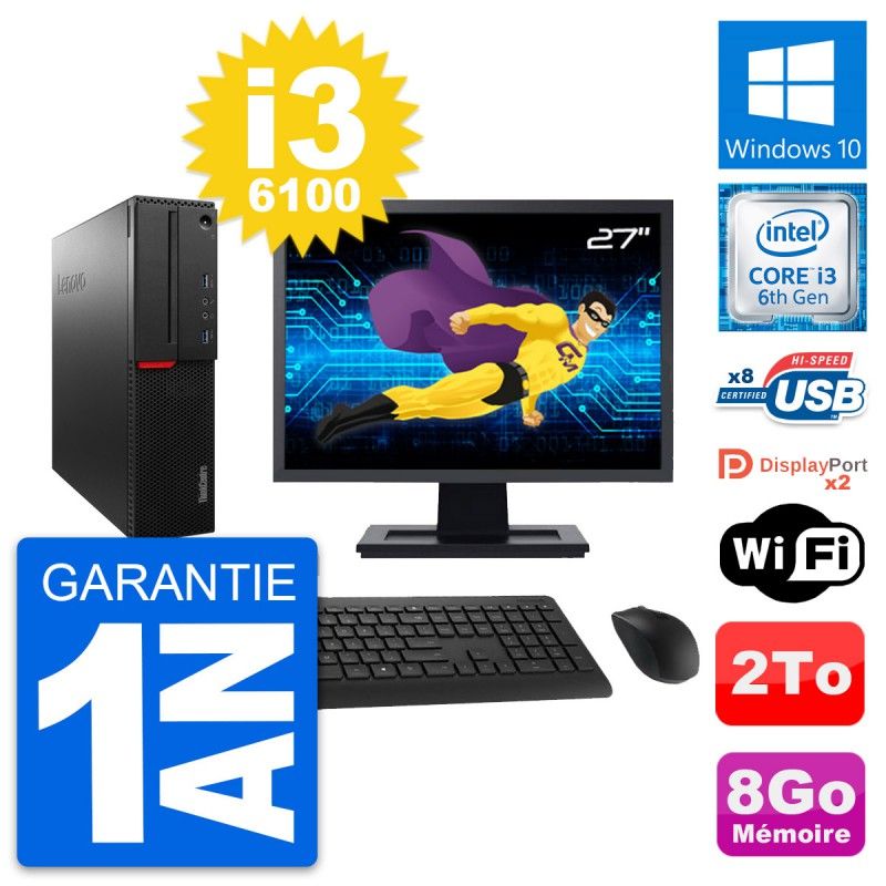 Lenovo M800 SFF Desktop Computer - 27" Screen, Intel i3-6100, 8GB RAM, 2TB HDD, Windows 10, WiFi