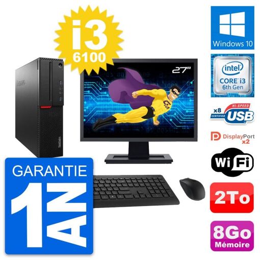 Computadora de escritorio Lenovo M800 SFF - Pantalla de 27'', Intel i3-6100, 8 GB RAM, 2 TB HDD, Windows 10, WiFi