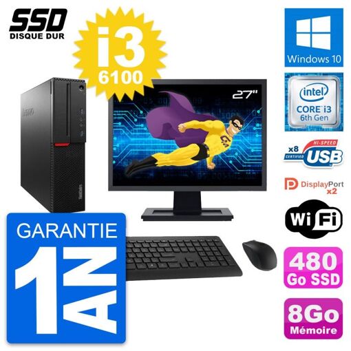 PC de escritorio Lenovo M800 SFF - Pantalla de 27', Intel Core i3-6100, 8 GB RAM, 480 GB SSD, Windows 10, Wifi