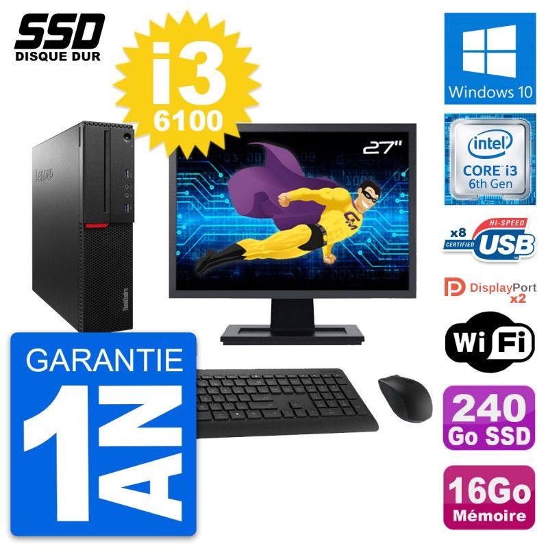 Lenovo M800 SFF Desktop Computer - 27" Screen, Intel i3-6100, 16GB RAM, 240GB SSD, Windows 10