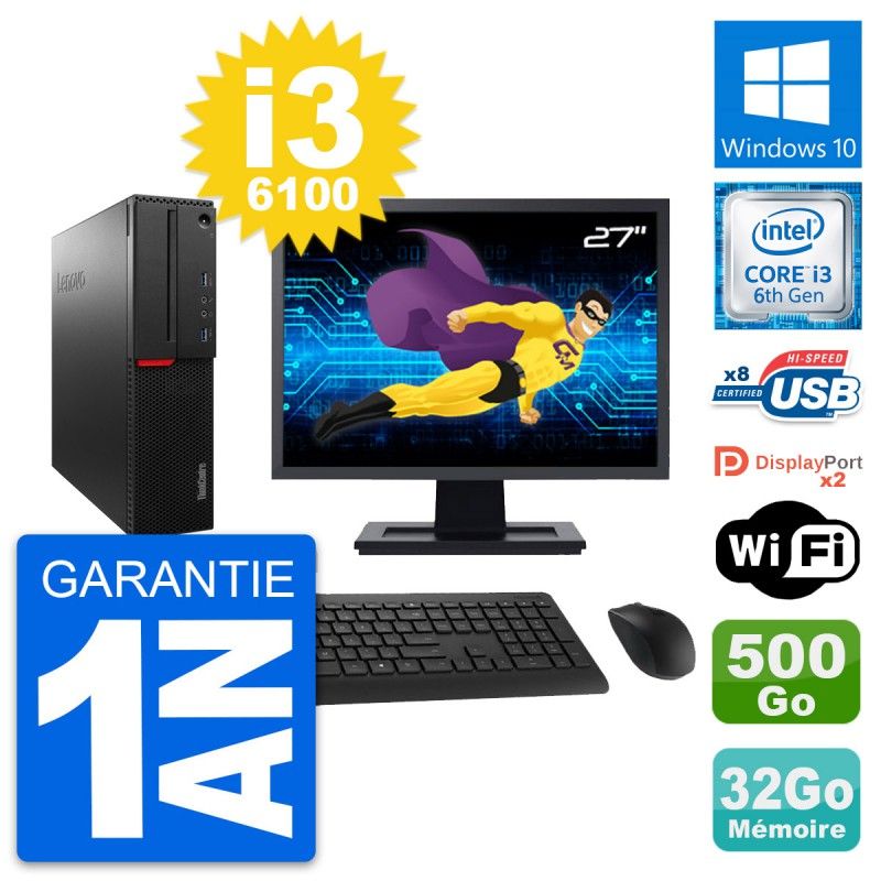 Lenovo M800 SFF Desktop Computer - 27" Screen, Intel i3-6100, 32GB RAM, 500GB HDD, Windows 10, WiFi