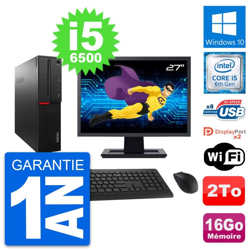 Computadora de escritorio Lenovo M800 SFF, pantalla de 27", procesador Intel i5-6500, 16 GB de RAM, 2 TB HDD, Windows 10, WiFi