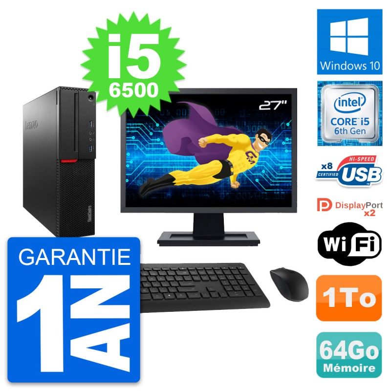 Lenovo M800 SFF Desktop Computer - 27" Screen, Intel i5-6500, 64GB RAM, 1TB HDD, Windows 10, WiFi