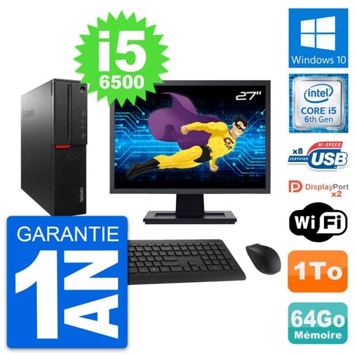 Computadora de escritorio Lenovo M800 SFF - Pantalla de 27'', Intel i5-6500, 64 GB de RAM, 1 TB HDD, Windows 10, WiFi