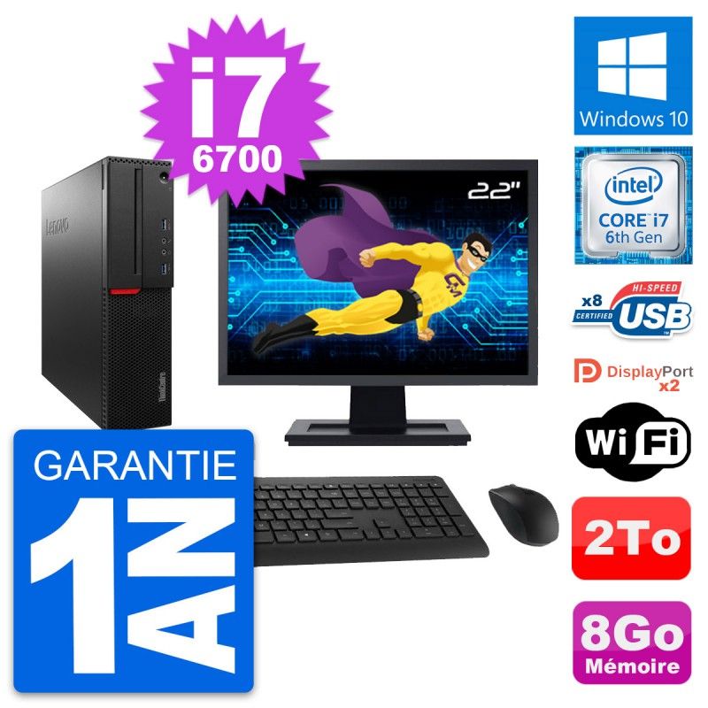 Lenovo M800 SFF Desktop Computer - 22" Screen, Intel i7-6700, 8GB RAM, 2TB HDD, Windows 10, WiFi