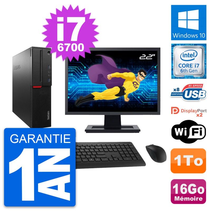 Lenovo M800 SFF Desktop Computer - 22" Screen, Intel i7-6700, 16GB RAM, 1TB HDD, Windows 10, WiFi