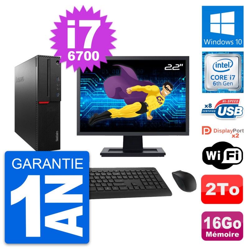 Lenovo M800 SFF Desktop PC - 22" Screen, Intel i7-6700, 16GB RAM, 2TB Storage, Windows 10, WiFi