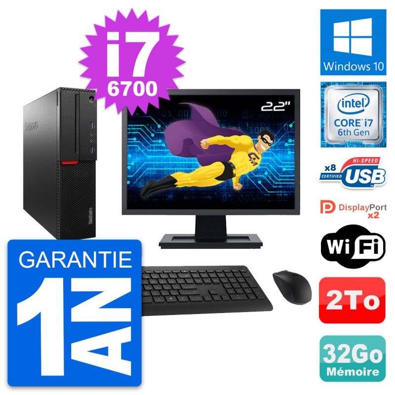 Lenovo M800 SFF Desktop Computer - 22" Screen, Intel i7-6700, 32GB RAM, 2TB HDD, Windows 10, WiFi