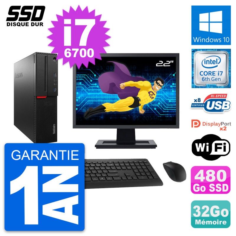 Lenovo M800 SFF Computer - 22' Screen, Intel i7-6700, 32GB RAM, 480GB SSD, Windows 10, WiFi