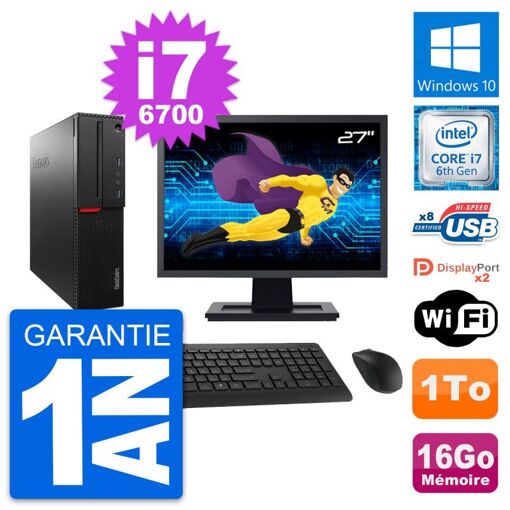 Computadora de escritorio Lenovo M800 SFF - Pantalla de 27'', Procesador Intel i7-6700, 16GB de RAM, 1TB de almacenamiento, WiFi, Windows 10