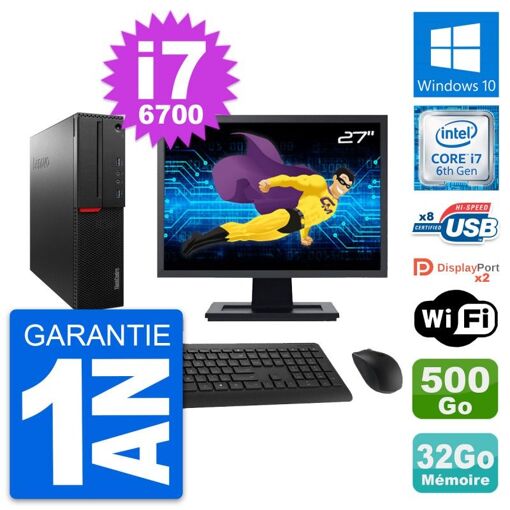 Computadora de escritorio Lenovo M800 SFF - Pantalla de 27', Procesador Intel i7-6700, 32 GB de RAM, 500 GB SSD, Windows 10, WiFi