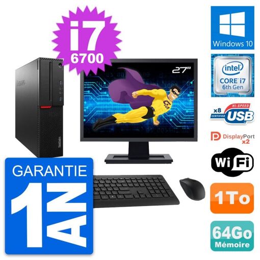 Computadora Lenovo M800 SFF - Pantalla de 27", Intel i7-6700, 64 GB de RAM, 1 TB HDD, Windows 10, WiFi