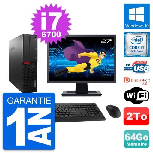 Computadora de escritorio Lenovo M800 SFF - Pantalla de 27 pulgadas, Intel i7-6700, 64 GB de RAM, 2 TB HDD, Windows 10, WiFi