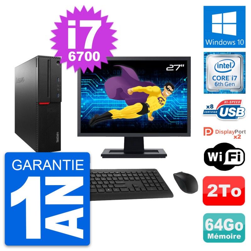 Lenovo M800 SFF Desktop Computer - 27inch Screen, Intel i7-6700, 64GB RAM, 2TB HDD, Windows 10, WiFi