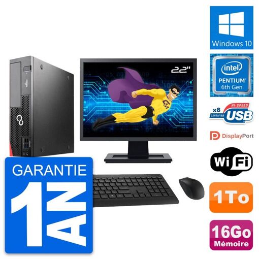 PC de escritorio Fujitsu D556 con pantalla de 22 pulgadas, procesador Intel G4400, 16 GB de RAM, disco duro de 1 TB, Windows 10 y WiFi